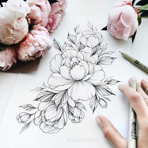 Peony Tattoo Sketch, Flower Tattoo Stencils, Peony Flower Tattoos, Bauch Tattoos, Peony Tattoo, Flower Line Drawings, Muster Tattoos, Drawing Flowers, Peonies Tattoo