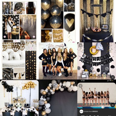 Gold And Black Bachelorette Party, Black White And Gold Bachelorette Party, Black And Rose Gold Bachelorette Party, Bachelorette Party Ideas Black And White, Party Outfit Themes, Bach Party Outfit, Black And Gold Bachelorette Party, Black And White Bachelorette Party, Sparkle Bachelorette Party