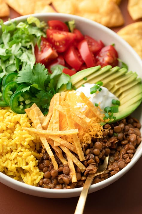 Broccoli Taco Bowl, Lentil Taco Salad, Lentil Taco Bowl, Lentil Burrito Bowl, Mexican Taco Bowl, Veggie Taco Bowl, Lentil Bowls, Veggie Meal Prep, Lentil Tacos