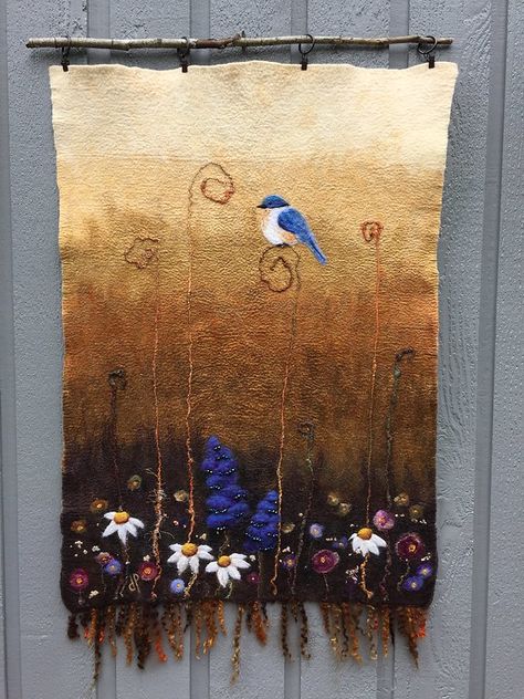 No.20 Bluebird Too | Wet felted wall hanging with some needl… | Flickr Wet Felting Tutorial, Felt Wall Hanging, Landscape Art Quilts, Needle Felting Diy, Wool Felt Projects, Wet Felting Projects, Textile Art Embroidery, Felt Pictures, Fabric Embellishment