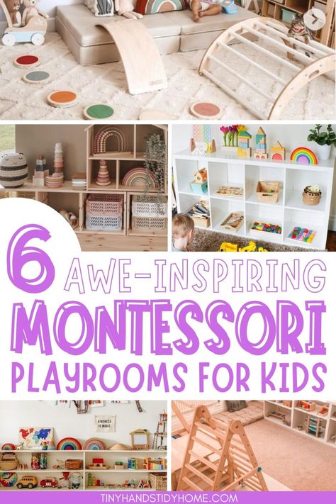 Collage of Montessori playroom ideas. Playroom Ideas Montessori, Playroom Minimalist, Montessori Toddler Bedroom, Montessori Playroom Ideas, Playroom Layout, Minimalist Playroom, Montessori Toddler Rooms, Simple Playroom, Playroom Decor Ideas