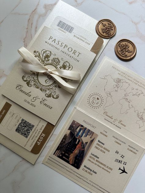 Craft a Personalized Voyage with These Customizable Invitations.   Investment:  * Artwork: $80 * 85 Invitations: $3.10 per piece * 60 Invitations: $3.85 per piece * 45 Invitations: $4.90 per piece * 30 Invitations: $6.90 per piece * 20 Invitations: $8.90 per piece  Each Invitation Ensembles:   Passport Design Custom Colors & Design Boarding Pass Ticket Envelope  Enhance Your Experience:  Ribbon: $0.80 Acrylic Airplane (un-engraved): $1.00 Cord: $0.40  Foil Stamping: $150 (entire passport cover) Raised Ink: $150 (passport cover)  Response:  Included Response Card & Envelope   .#WeddingInvitations #DIYWedding #WeddingStationery #WeddingInspiration #WeddingPlanning Army Wedding Invitations, Film Wedding Invitations, Wedding Invitation Boarding Ticket, Destination Wedding Invitation Ideas, Wedding Invitations Minimal, Passport Invitations Wedding, Creative Wedding Invites, Airplane Wedding Invitations, Unique Wedding Invitation Cards