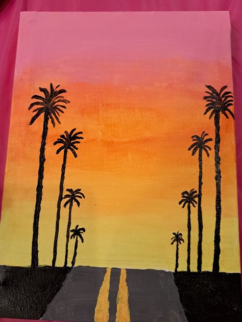 Easy To Draw Sunset, Easy Sunsets To Paint, Sunset Painting Palm Trees, Drawing Ideas Easy Sunset, Sunset On Canvas Easy, Road And Trees Painting, Simple Sunset Paintings For Beginners, Sunset Painting Beginner, Sunset Aesthetic Drawing Easy