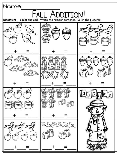 Simple Addition sentences for fall! Fall Math Worksheets, Fall Math Kindergarten, Kindergarten Math Addition, Fall Addition, Addition Worksheet, Kindergarten Math Free, Fall Worksheets, Kindergarten Math Worksheets Free, Adding Numbers