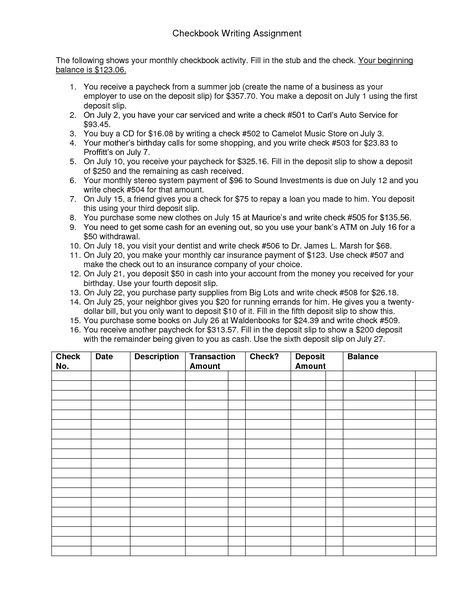 Balancing A Checkbook Activity, Balancing A Checkbook Worksheet, Check Register Free Printable Templates, Teaching Money Activities, Bank Of America Check Template, Check Book Register, Financial Literacy Worksheets, Money Math Worksheets, Printable Checks