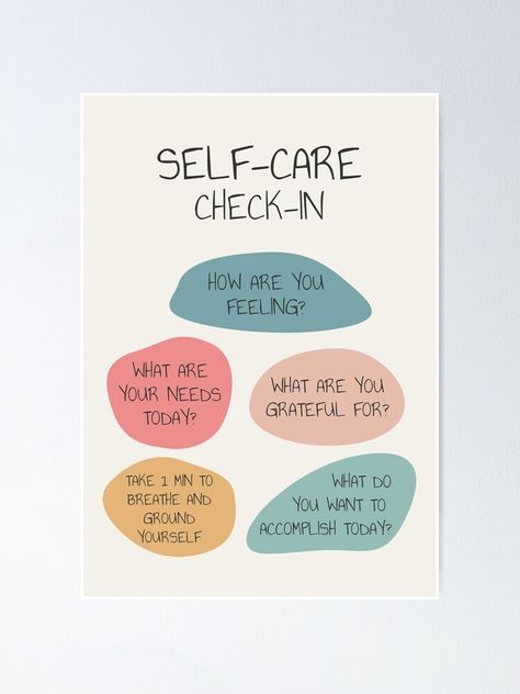 "Self Care Check In Self Love Mental Health Wellbeing Therapist Office School Counselor Corner Wellness Art Therapy Tool Emotional Intelligence Self Awareness" Poster by TherapyTools | Redbubble Wellness Corner Ideas, Social Work Self Care, Mental Wellbeing Poster, Mental Awarness Poster Ideas, Wellbeing Poster Design, Wellbeing Room Office, Well Being Room School, Wellbeing Room School, Emotional Intelligence At Work