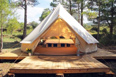 Magical glamping in the heart of rural Spain. Luxurious bell tents gazing over lush Catalan fells Canvas Tent Camping, Bell Tent Glamping, Glamour Camping, Tent Platform, Yurt Tent, Canvas Bell Tent, Camping Snacks, Camping Nature, Go Glamping