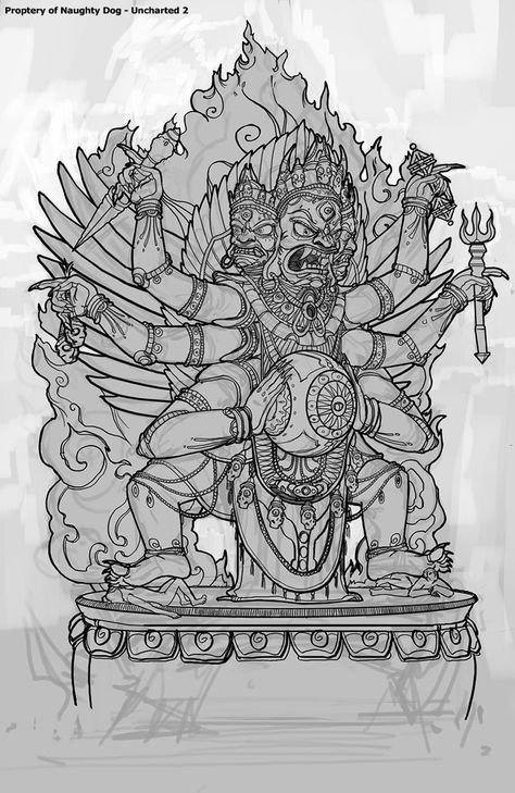 Temple Statue from Uncharted 2: Among Thieves Uncharted 2 Among Thieves, Uncharted Tattoo, Uncharted Artwork, Asian Mythology, Uncharted 2, Uncharted Game, Uncharted Series, Statue Art, Tibetan Art