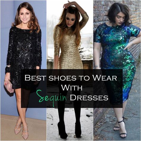 High Heel Guide | Best Shoes to Wear with Sequin Dress Shoes Sequin Dress, Black Sequin Dress Short Shoes, Shoes For Black Sequin Dress, Green Sequin Dress Outfit Shoes, Sequin Dresses And Boots, Black Sequin Dress Shoes, Styling A Green Sequin Dress, Sequins Dress Shoes, Blue Sequin Cocktail Dress