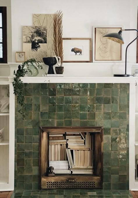 White Fireplace With Tile, Cozy Fireplace Tile, Fireplace Green Tile, Colonial Fireplace Makeover, Zellige Tile Fireplace Surround, Green Tile Fireplace Surround, Midcentury Fireplace Ideas, Green Tiled Fireplace, Green Brick Fireplace