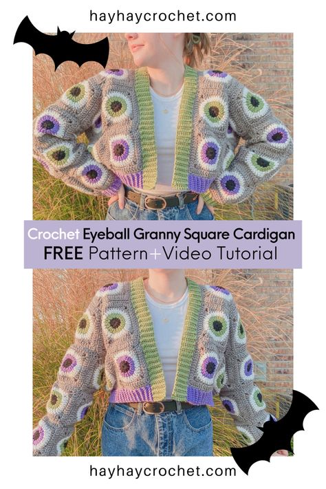 Crochet Eyeball Cardigan, Sugarwheel Crochet Patterns, Halloween Crochet Granny Square Pattern, Eyeball Granny Square Pattern Free, Eyeball Granny Square Pattern, Eyeball Crochet Granny Square, Halloween Crochet Patterns Clothes, Crochet Halloween Clothes Patterns Free, Crochet Eye Cardigan