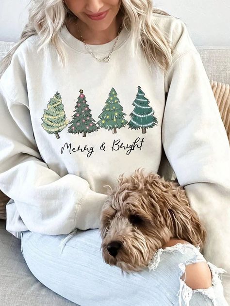 Plus Size Women Christmas Tree Letter Print Casual Drop Shoulder Sweatshirt Apricot Casual  Long Sleeve Fabric Christmas,Letter,Plants Pullovers Non-Stretch Fall/Winter Women Plus Clothing, size features are:Bust: ,Length: ,Sleeve Length: Sleep Shirt Dress, Drop Shoulder Sweatshirt, Sweatshirt Details, Christmas Sweaters For Women, Corporate Style, Winter Comfort, Christmas Crewneck, Dropped Shoulder Sweatshirt, Sweatshirt Cute