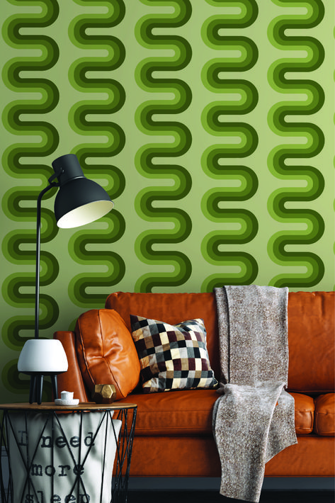 70s Inspired Wallpaper, Retro Accent Wall, Green Wallpaper Bedroom, Green Peel And Stick Wallpaper, 80s Deco, 70s Living Room, Funky Bedroom, 70s Wallpaper, Bedroom Retro