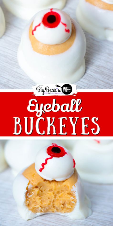 Eyeball Buckeyes - Simple and wickedly tasty peanut butter Halloween eyeball Buckeyes are watching you! I've got the recipe for you and 3 different ideas for decorating them! Halloween Candy Recipes, Easy Candy Recipes, Homemade Strawberry Sauce, Candy Eyeballs, Trifle Pudding, Homemade Snickers, Candy Recipes Homemade, Christmas Candy Recipes, Ideas For Decorating