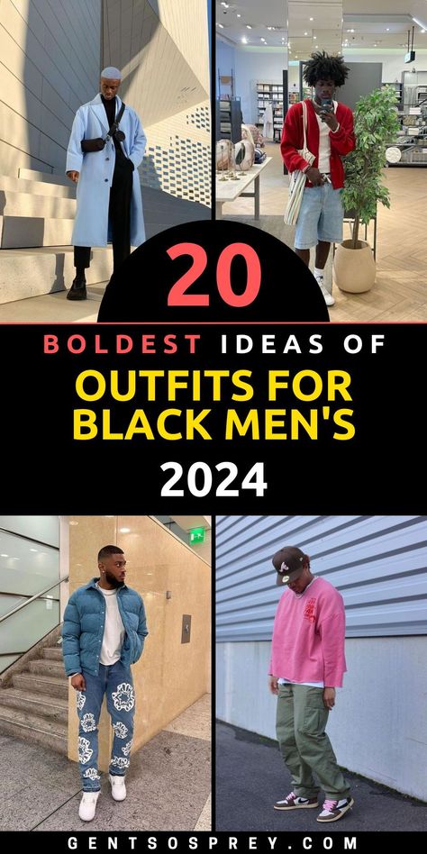 Elevate your fashion game with our curated selection of 2024 Essential Guide: 20 Swag Outfit Ideas for Black Men. From classy ensembles to street style looks, we've got you covered for every occasion. Whether you're aiming for a dressy affair or a casual street vibe, our collection offers a diverse range of options to suit your style. Step into the spotlight and showcase your unique swag with our trendy outfit ideas. Black Men’s Holiday Outfit, Black Men’s Urban Fashion, Business Casual Black Men, Mens Date Night Outfit, Graphic Tee Outfit Men, Black Men Casual Style, Black Men's Fashion, Black Mens Fashion, Go Out Outfit Night