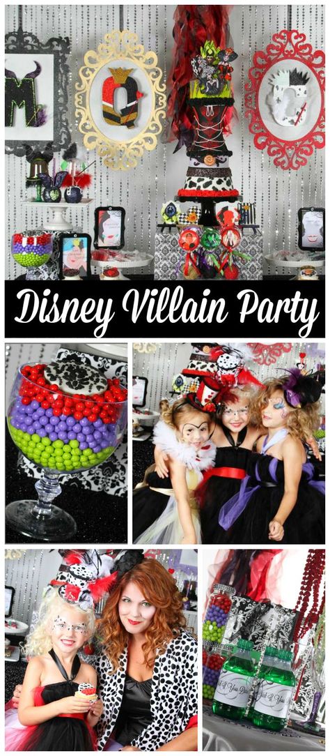 A glamorous Disney villain Mommy and Me party with dress up and a fantastic dessert table! Disney Villain Halloween Decorations, Disney Villian Decorations, Disney Villains Birthday Party Ideas, Disney Villains Halloween Party, Disney Villain Decor, Disney Villains Party Ideas, Villian Party Ideas, Disney Villain Birthday Party, Disney Villian Party