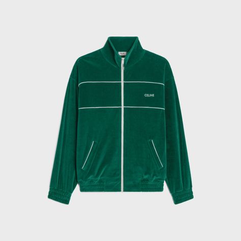 Celine tracksuit jacket in velvet jersey - vert bouteille / off white | CELINE Retro Sportswear, Tracksuit Jacket, Velour Fabric, Outdoor Jacket, Track Jacket, Mr Porter, Track Jackets, Leather Goods, Logo Embroidered