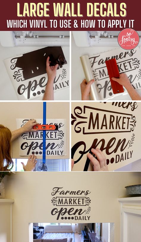 Step by Step tutorial from So Fontsy: What Vinyl to Use for Wall Decals (& How to Apply It!) Cricket Wall Decals, Cricut Vinyl Wall Decor, Cricut Joy Wall Decals, Cricut Projects Vinyl Signs Wall Decal, Diy Wall Decals Cricut, Diy Vinyl Wall Decals, Cricut Vinyl Wall Decals, Cricut Wall Decals Diy, Decal Wall Art Design