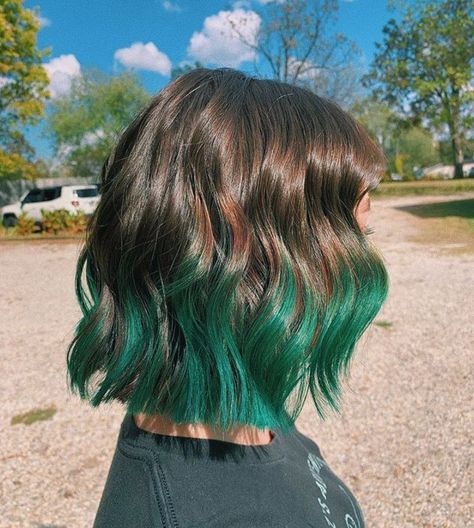 Short Hair With Green Tips, Brown And Green Ombre Hair, Dark Green Tips Hair, Green Hair Color Ideas For Short Hair, Green Hair Ends, Dark Green And Brown Hair, Brown To Green Ombre Hair, Brown Hair With Green Tips, Dark Brown And Green Hair