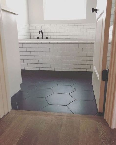 Black Hexagon Tile Bathroom Floor, Octagon Tile Bathroom, Black Hexagon Tile Bathroom, Black Hexagon Floor, Hexagon Tile Bathroom Floor, Hexagon Tile Bathroom, Black Tile Bathrooms, Black Grout, Black Floor Tiles