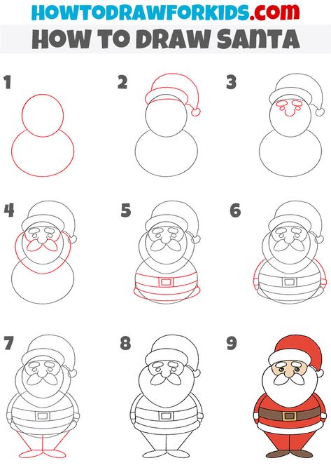 How to Draw Santa - Easy Drawing Tutorial For Kids How To Draw Santa For Kids, Santa Claus Drawing Easy Step By Step, Easy Santa Drawing For Kids, How To Draw Santa Claus, Draw Santa Easy, Simple Santa Drawing, How To Draw Christmas, Santa Claus Drawing For Kids, How To Draw Christmas Stuff