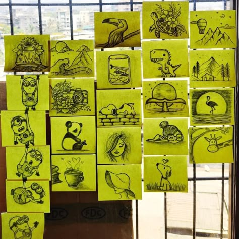 Art On Post It Notes, Doodle On Sticky Notes, Wall Of Sticky Notes, Drawing On Post It Notes, Cute Sticky Notes Drawings, Sticky Note Painting, Painting On Sticky Notes, Stuff To Draw On Sticky Notes, Cute Things To Draw On Sticky Notes