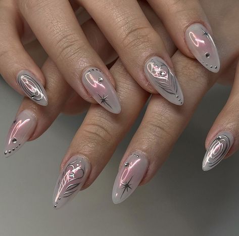 Kpop Almond Nails, Cute Korean Nails Almond, Trendy Korean Nails, Spring Korean Nails, Chinese Gel Nails, Korean Almond Nails, Korean Nails Art, Chinese Style Nails, Kpop Nails Ideas