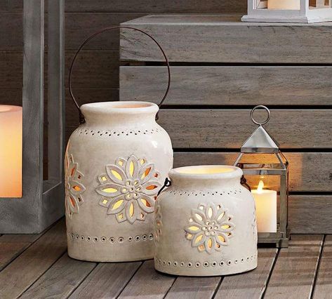 Punched Ceramic Lanterns Ceramic Lantern Ideas, Ceramic Lanterns, Elle Decor Living Room, Pottery Barn Outdoor, Moroccan Lantern, Lantern Designs, Guest Bedroom Design, Ceramic Lantern, Lantern Ideas