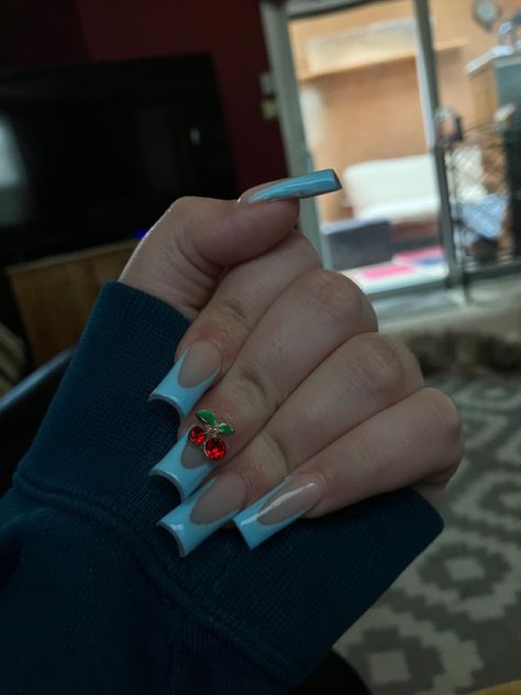 French Tip Nails With Cherry Charms, White French Tip Nails With Cherry, Cherry Charm Nails, Blue Cherry Nails, French Tip Nails With Charms, Baby Blue French Tips, Baby Blue French Tip Nails, Cherry French Tip Nails, Baby Blue French Tip