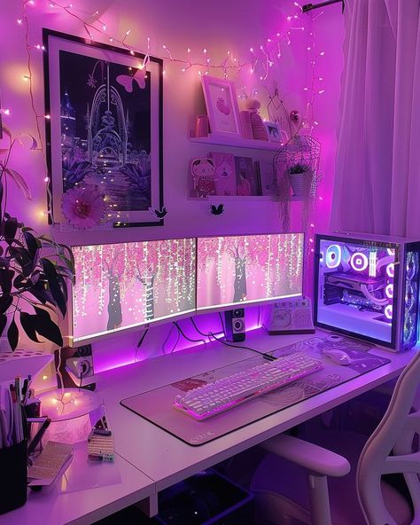 Gamer Girl Room Aesthetic, Apartment Desk Setup, Egirl Bedroom, Setup Gamer Girl, Gamer Girl Setup, Desk Apartment, Gaming Setup Bedroom, Streaming Room, Purple Girls Bedroom