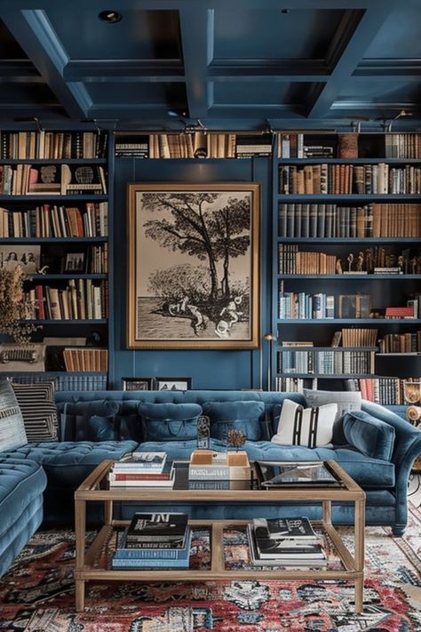 Create an Elegant Reading Nook with Chic Home Libraries 📚✨ Design a sophisticated home library that combines style and comfort. Use elegant shelving, cozy seating, and tasteful decor to create the perfect literary escape. 🌿🛋️ #HomeLibrary #ReadingNook #ChicDecor #InteriorInspo Living Room Library Ideas Small, Dark Moody Library Office, Library Cocktail Room, Navy Library Room, Formal Living Room Library, Dark Blue Library Room, Blue Tv Room, Ravenclaw Library, Blue Library Room