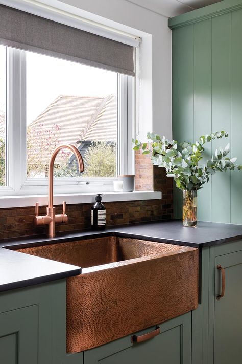 Window/backsplash Copper Hardware Kitchen, Window Backsplash, Copper Kitchen Accents, Cooper Kitchen, Copper Interior, Sage Green Kitchen, Green Kitchen Cabinets, Copper Sink, Metal Kitchen