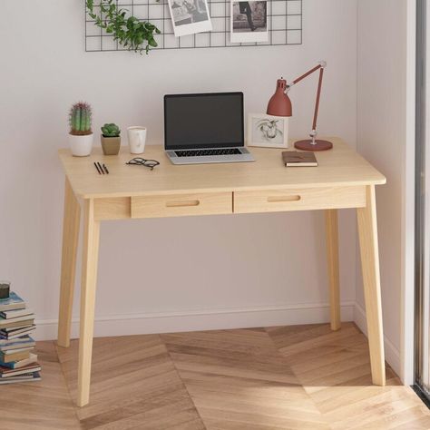 Corrigan Studio® Angulay Desk | Wayfair Modern Wooden Desk, Small Writing Desk, Writing Desk Modern, Writing Desk With Drawers, Work Studio, Desk Writing, Desk Wood, Modern Office Desk, Simple Desk