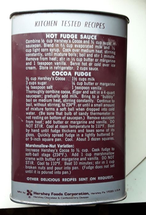 This is the back of Hershey's metal cocoa can. Hershey’s Cocoa Fudge, Hersheys Hot Fudge Sauce Recipe, Hersheys Cocoa Fudge Recipe, Hersheys Chocolate Fudge, Hersheys Fudge Recipe, Hershey Cocoa Fudge Recipe, Hersheys Cocoa Recipes, Vintage Candy Recipes, Hershey Cocoa Powder Recipes