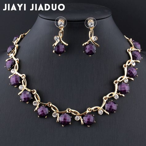 jiayijiaduo Bridal jewelry sets for women banquet dress accessories resin purple necklace earrings gold color necklace Purple Stone Necklace, Banquet Dress, Long Pearl Necklaces, Bridal Fashion Jewelry, Purple Jewelry, Purple Necklace, Diamond Jewelry Designs, Bridesmaid Jewelry Sets, Fancy Jewellery