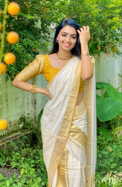 Blouse For Set Mundu, Setmundu Blouse Designs, Setmundu Design, Onam Set Mundu, Buff Sleeve Saree Blouse, Set Mundu Blouse Design, Set Saree Blouse Designs Kerala, Onam Blouse, Diwali Outfit Ideas For Women