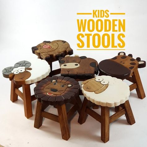 Kids Wooden Stools step Toddler Chair Solid Timber Hand Carved Furniture Painted Bar Stools, Acrylic Bar Stools, Diy Bar Stools, Stool Makeover, Rustic Bar Stools, Mango Trees, Painted Stools, Kitchen Step Stool, Wooden Step Stool