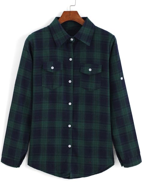 Blue Green Lapel Long Sleeve Plaid Blouse 12.67 Check Shirts For Girls, Long Sleeves Outfit Men, Plain Jacket, Green Plaid Shirt, Checkered Blouse, Long Sleeve Cotton Tops, Green Shirt Dress, Colorful Blouses, Green Flannel