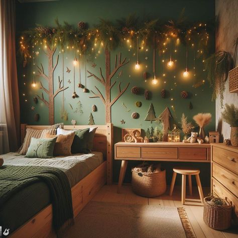 Image Creator Magical Home Interior, Forest Inspired Kids Room, Magic Forest Kids Room, Forest Bedroom Kids Boys, Meadow Themed Bedroom, Forest Themed Kids Bedroom, Fairy Cottage Core Nursery, Forest Theme Kids Bedroom, Boys Room Forest Theme