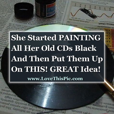 She Took Her Old Cds And Started Painting Them Black Then Put Them Up On THIS. Great Idea! Art With Old Cds, Painting Cds Easy, Reuse Cds Ideas, Old Cds Aesthetic, Uses For Old Cds, Old Cds Crafts Diy, Things To Do With Old Cds, Old Cds Crafts, Recycle Cds Ideas