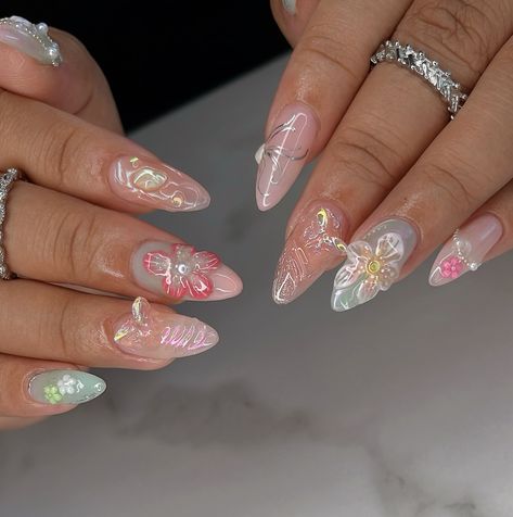 𓆤 the fairycore combo 🦋 custom design on Medium Almond Gelx 🧚🏻 #nailinspo #naildesign #fairycorenails #gardennails #nailart #3dflowernails Fairy Nails Designs, Fairycore Nails, Fairy Nails, 3d Flower Nails, Medium Almond, Nails Designs, 3d Nails, Flower Nails, Fairy Core