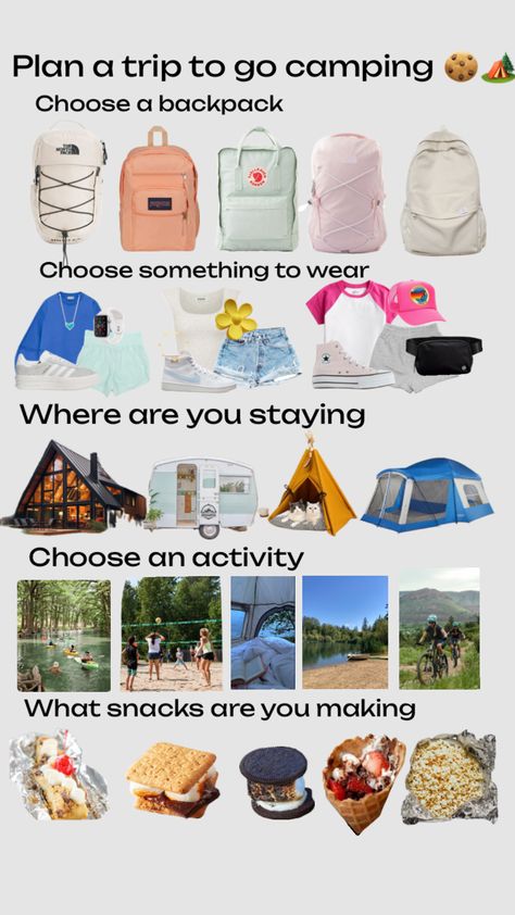 Cute Summer Camping Outfits, Fun Polls, Camping Fits, Summer Camp Packing, What To Take Camping, Outdoorsy Outfits, What To Pack For Vacation, Road Trip Bag, Trip Bag