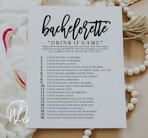 Bachelorette Drink If Game PRINTABLE GAME Instant Download for Bachelorette Party PDF File - Etsy UK Bachelorette Drink If Game, Bachelorette Trip Activities, Bachelorette Party Activities At Home, Bachelorette Games For Small Group, Bachelorette Party Nails The Bride, At Home Bachelorette Party Ideas, Simple Bachelorette Party Ideas, Drink If Bachelorette Game, Bachelorette Game Ideas