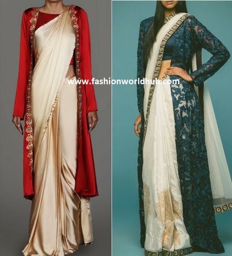 Sari With Long Jacket, Saree With Long Jacket Indian Weddings, Long Jacket With Saree, Sarees With Long Jackets Style, Jacket For Saree, Long Jacket Outfit Indian Wedding, Long Jackets For Women Indian, Sarees With Jackets, Long Jacket Outfit Indian