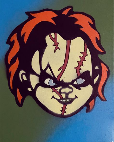 9x12” painting of Chucky from Child’s Play Chucky Painted Pumpkin, Chucky Painting Easy, Chucky Rug, Chucky Painting Canvas, Chucky Pumpkin Painting, Chucky Drawing Easy, Chucky Painting, Chucky Face, Spooky Paintings