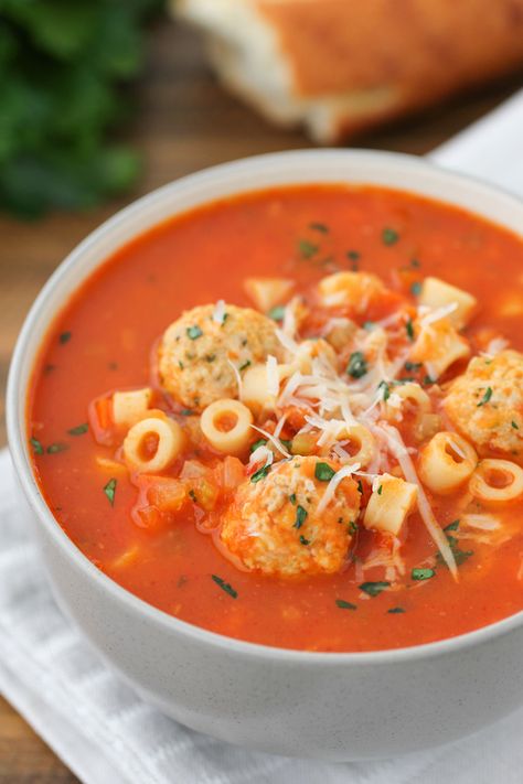 Tomato Meatball Soup - Olga's Flavor Factory Tomato Meatball Soup, Chicken Meatballs And Pasta, Delicious Tomato Soup, Meatballs And Pasta, Chicken Meatball Soup, Chicken Meatball, Tomato Chicken, Meatball Pasta, Ditalini Pasta