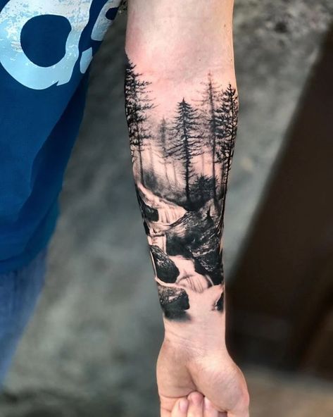 10 Best Waterfall Tattoo Ideas You Have To See To Believe! | Outsons | Men's Fashion Tips And Style Guides Waterfall Tattoo Ideas, Forest Tattoo Sleeve, Waterfall Tattoo, Tato Lengan Bawah, Natur Tattoo Arm, Outdoor Tattoo, Jungle Tattoo, Forest Tattoo, Nature Tattoo Sleeve