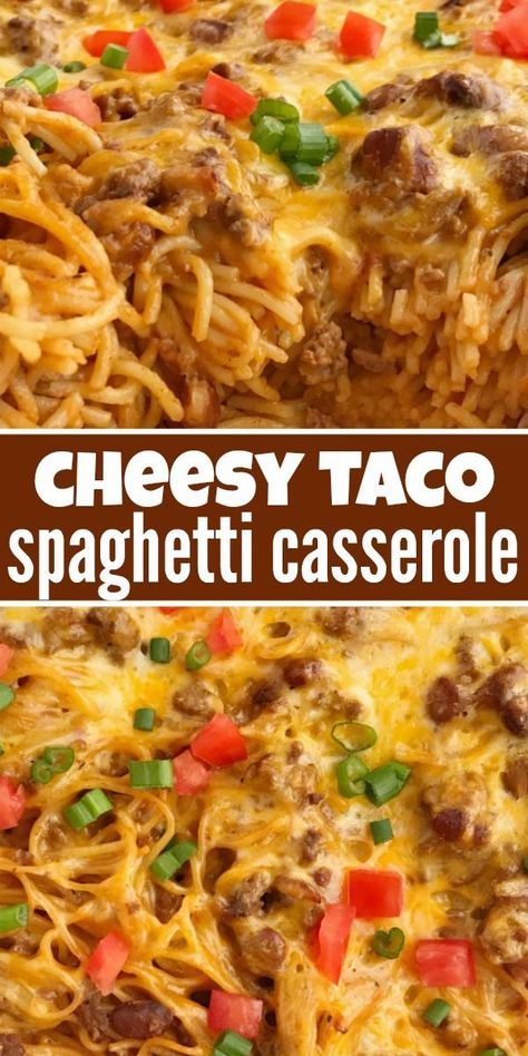 Taco Spaghetti Casserole, Spaghetti Casserole Recipe, Ground Beef Chili, Taco Spaghetti, Chili Beans, Spaghetti Casserole, Diner Recept, God Mad, Cheesy Pasta