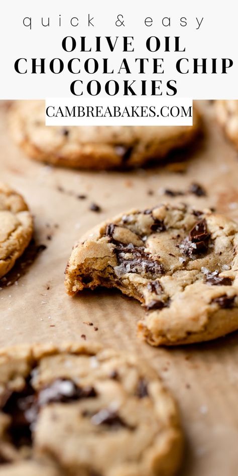 olive oil cookie on a piece of parchment paper. Olive Oil Cookie Recipe, Cookie Recipe With Oil, Olive Oil Chocolate Chip Cookies, Oil Chocolate Chip Cookies, Coconut Oil Chocolate Chip Cookies, Dairy Free Chocolate Chip Cookies, Olive Oil Cookies, Dairy Free Cookies, Olive Oil Recipes