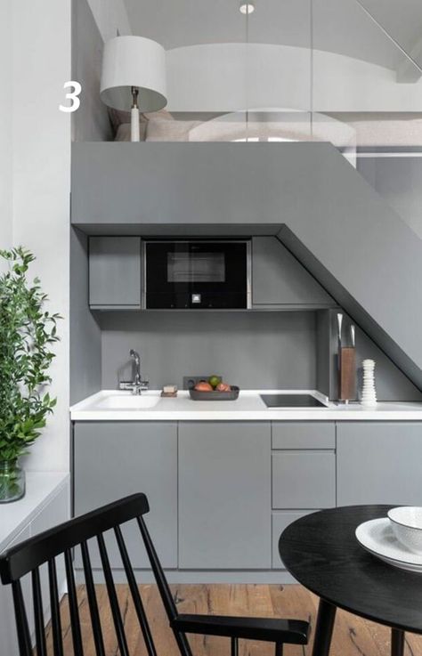 50 Smart Kitchen Under Stairs Ideas - Shelterness Colorful Dining Room Decor, White Scandinavian Kitchen, Kitchen Under Stairs, Contemporary White Kitchen, Black Modern Kitchen, Stairs In Kitchen, Kitchen Built In, Серая Кухня, Loft Interior